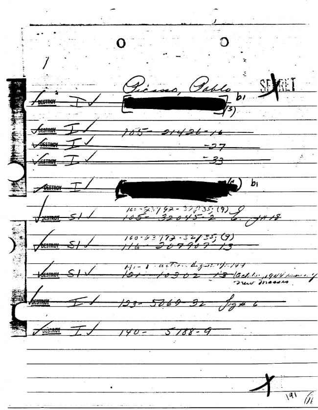 Ficha sobre Pablo Picasso del FBI, ca. 1945-1969 