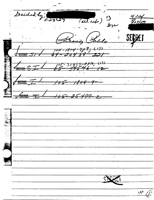Ficha sobre Pablo Picasso del FBI, ca. 1945-1969 