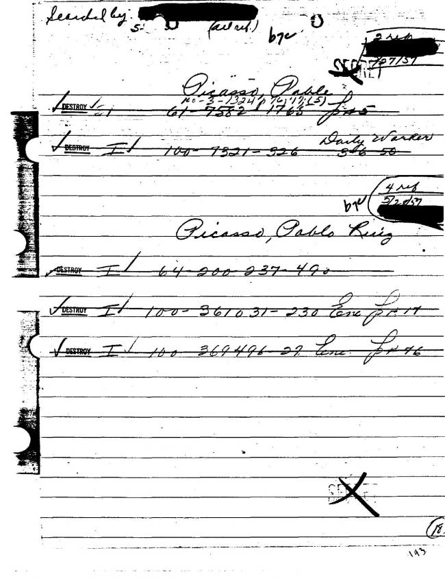 Ficha sobre Pablo Picasso del FBI, ca. 1945-1969 