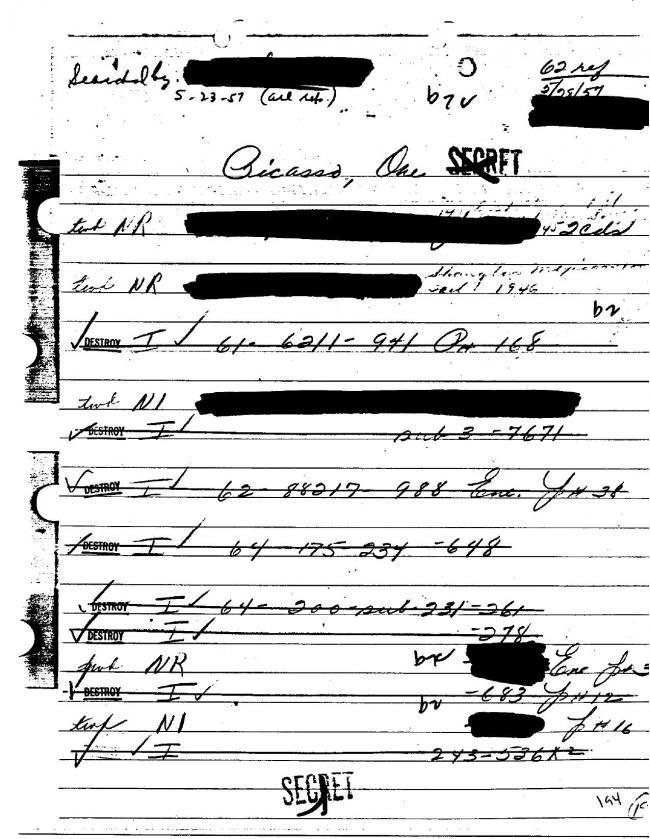 Ficha sobre Pablo Picasso del FBI, ca. 1945-1969 