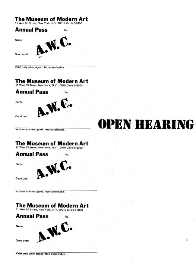 Art Workers Coalition (AWC), <em>Open Hearing </em> [Audiencia abierta], Nueva York, Art Workers’ Coalition (AWC), 1969