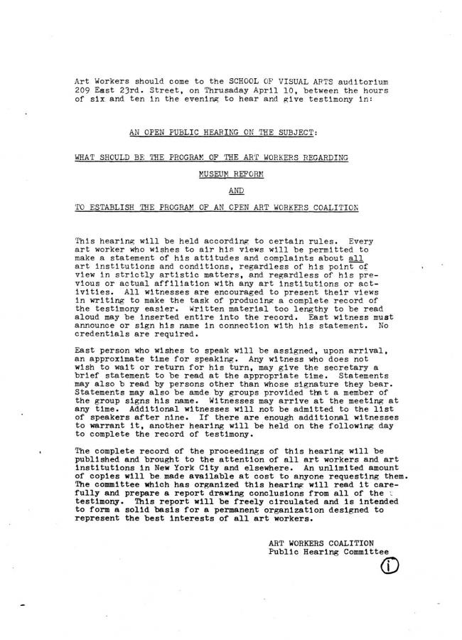 Art Workers Coalition (AWC), <em>Open Hearing </em> [Audiencia abierta], Nueva York, Art Workers’ Coalition (AWC), 1969