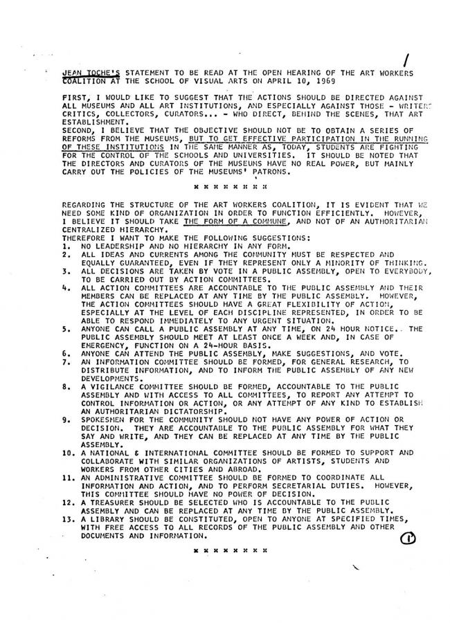 Art Workers Coalition (AWC), <em>Open Hearing </em> [Audiencia abierta], Nueva York, Art Workers’ Coalition (AWC), 1969