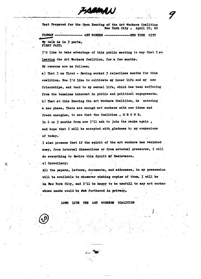 Art Workers Coalition (AWC), <em>Open Hearing</em> [Audiencia abierta], Nueva York, Art Workers’ Coalition (AWC), 1969
