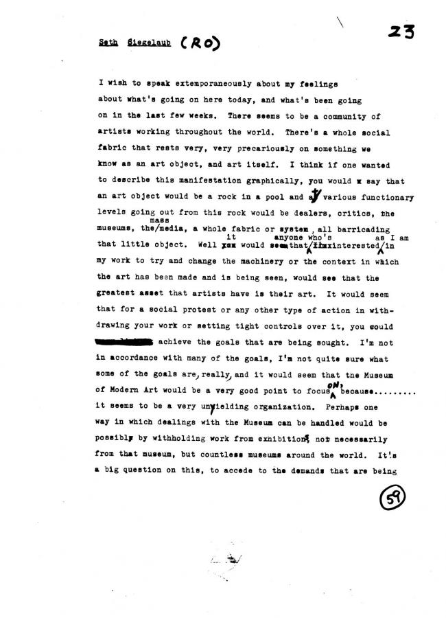 Art Workers Coalition (AWC), <em>Open Hearing</em> [Audiencia abierta], Nueva York, Art Workers’ Coalition (AWC), 1969