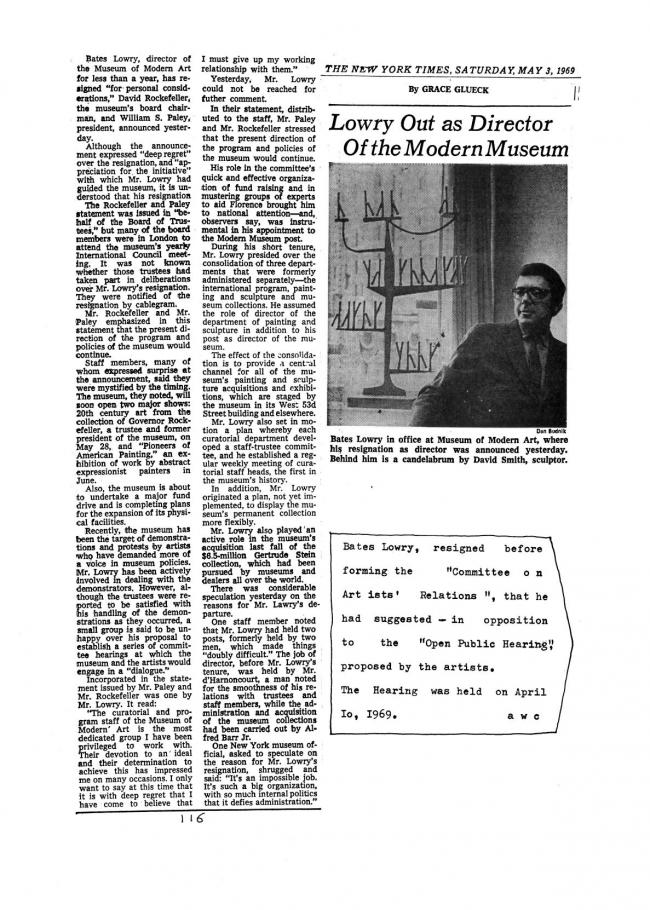 Art Workers Coalition (AWC), <em>Documents 1</em>, New York: Art Workers’ Coalition (AWC), 1969