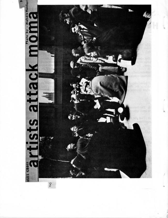 Alex Gross, "Artists attack MoMA", <em>The East Village Other</em>, Nueva York, vol. 4, n.º 8, 24 de junio, 1969. Incluido en: Art Workers Coalition (AWC), <em>Documents 1</em> [Documentos 1], Nueva York, Art Workers’ Coalition (AWC), 1969, p. 8