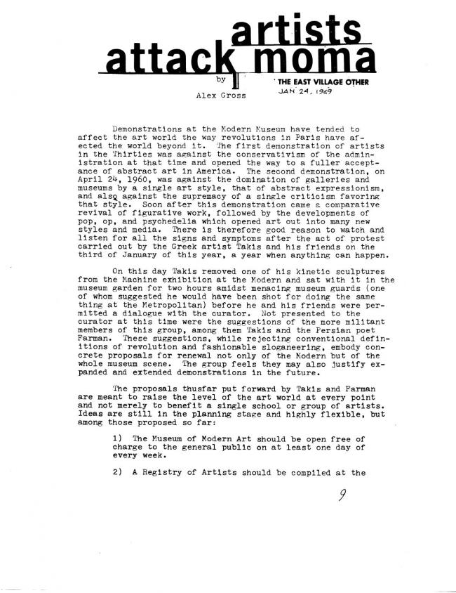 Alex Gross, "Artists attack MoMA", <em>The East Village Other</em>, Nueva York, vol. 4, n.º 8, 24 de junio, 1969. Incluido en: Art Workers Coalition (AWC), <em>Documents 1</em> [Documentos 1], Nueva York, Art Workers’ Coalition (AWC), 1969, p. 9