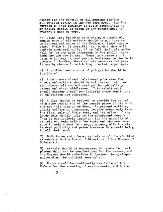 Alex Gross, "Artists attack MoMA", <em>The East Village Other</em>, Nueva York, vol. 4, n.º 8, 24 de junio, 1969. Incluido en: Art Workers Coalition (AWC), <em>Documents 1</em> [Documentos 1], Nueva York, Art Workers’ Coalition (AWC), 1969, p. 10