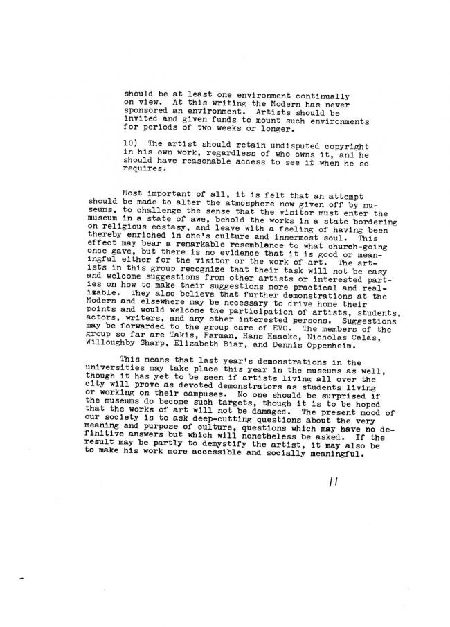Alex Gross, "Artists attack MoMA", <em>The East Village Other</em>, Nueva York, vol. 4, n.º 8, 24 de junio, 1969. Incluido en: Art Workers Coalition (AWC), <em>Documents 1</em> [Documentos 1], Nueva York, Art Workers’ Coalition (AWC), 1969, p. 11