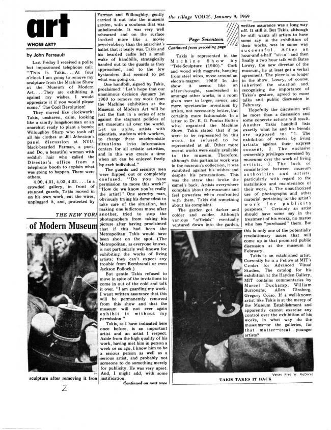 John Perreault, "Art. Whose art?", <em>The Village Voice</em>, Nueva York, 9 de enero, 1969. Incluido en: Art Workers Coalition (AWC), <em>Documents 1</em> [Documentos 1], Nueva York, Art Workers’ Coalition (AWC), 1969, p. 2