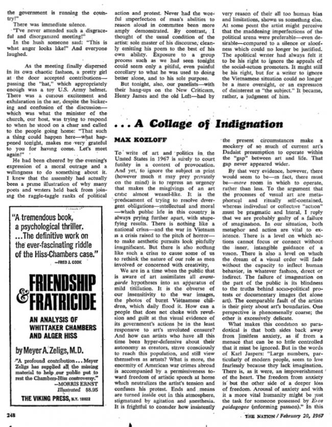Max Kozloff, “… A Collage of Indignation”, <em>The Nation</em>, New York, February 20, 1967, 248