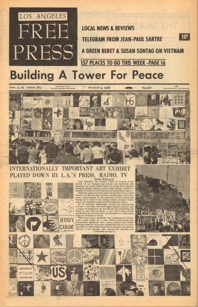 Susan Sontag, “Building A Tower For Peace” [Construyendo una torre por la paz], <em>Los Angeles Free Press</em>, Los Ángeles, vol. 3 (9), n.º 85, 4 de marzo, 1966, portada