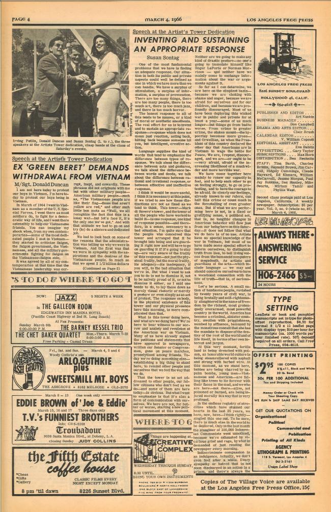Susan Sontag, “Building A Tower For Peace” [Construyendo una torre por la paz], <em>Los Angeles Free Press</em>, Los Ángeles, vol. 3 (9), n.º 85, 4 de marzo, 1966, p. 4