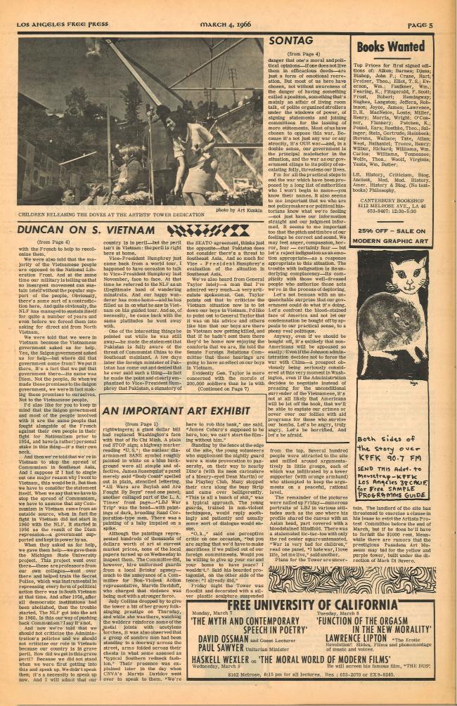 Susan Sontag, “Building A Tower For Peace” [Construyendo una torre por la paz], <em>Los Angeles Free Press</em>, Los Ángeles, vol. 3 (9), n.º 85, 4 de marzo, 1966, p. 5