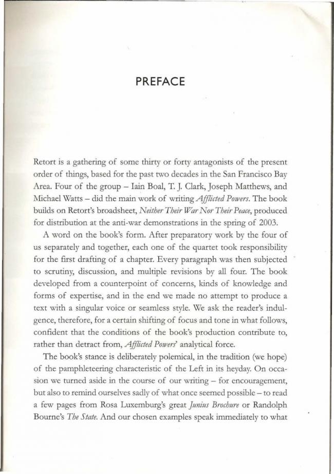 RETORT, <em>Afflicted Powers: Capital and Spectacle in a New Age of War</em> [Poderes afligidos. Capital y espectáculo en una nueva edad de guerra], Londres y Nueva York, Verso, 2005