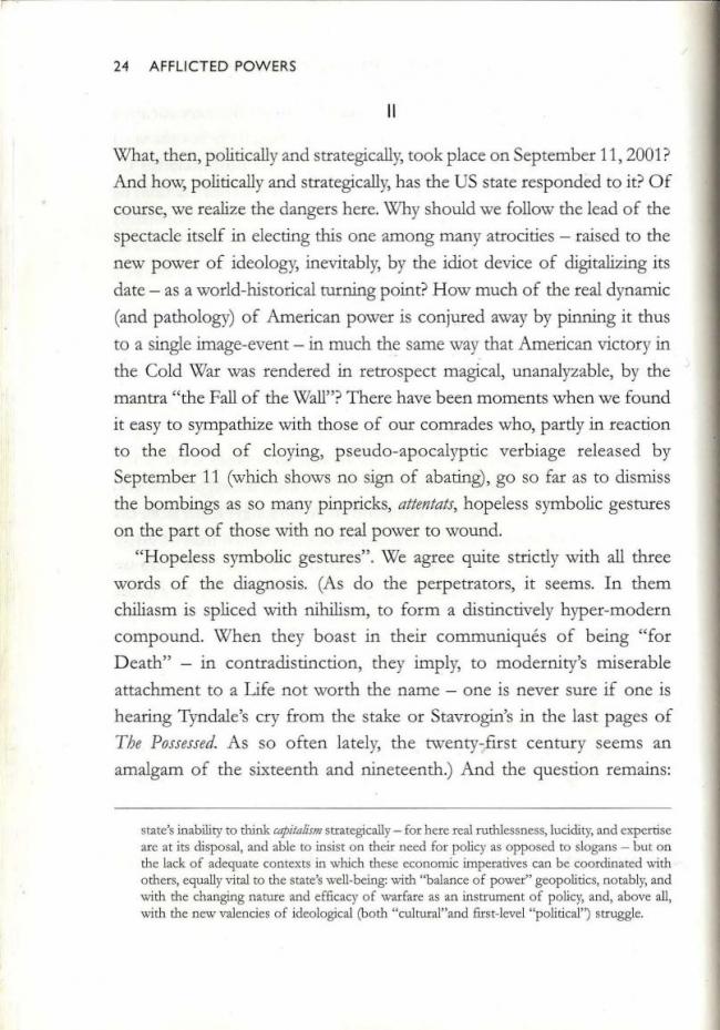 RETORT, <em>Afflicted Powers: Capital and Spectacle in a New Age of War</em> [Poderes afligidos. Capital y espectáculo en una nueva edad de guerra], Londres y Nueva York, Verso, 2005