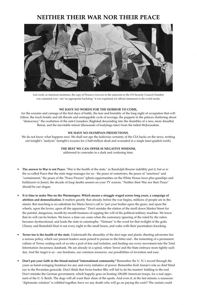 Folleto de RETORT, <em>Neither Their War Nor Their Peace</em>, 15 de febrero, 2003