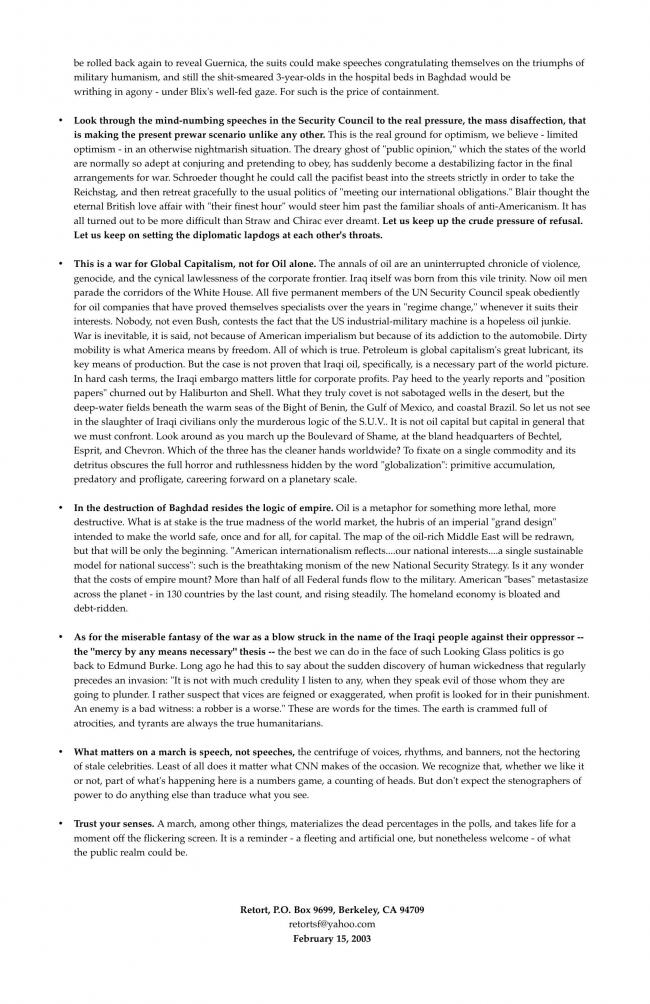 Folleto de RETORT, <em>Neither Their War Nor Their Peace</em>, 15 de febrero, 2003