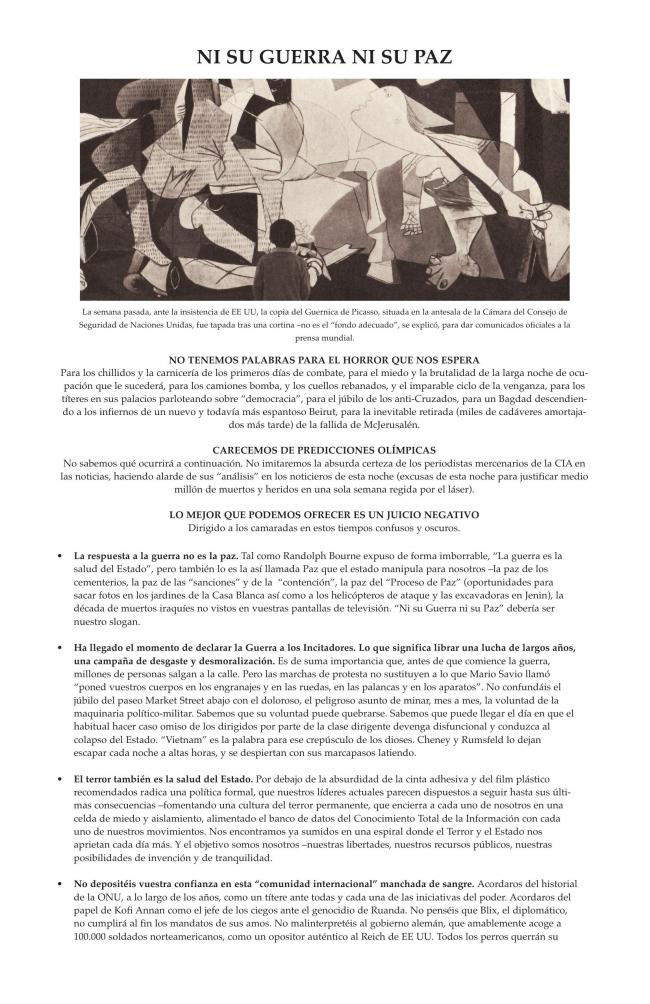 Folleto de RETORT, <em>Neither Their War Nor Their Peace</em> [Ni su guerra ni su paz], 15 de febrero, 2003