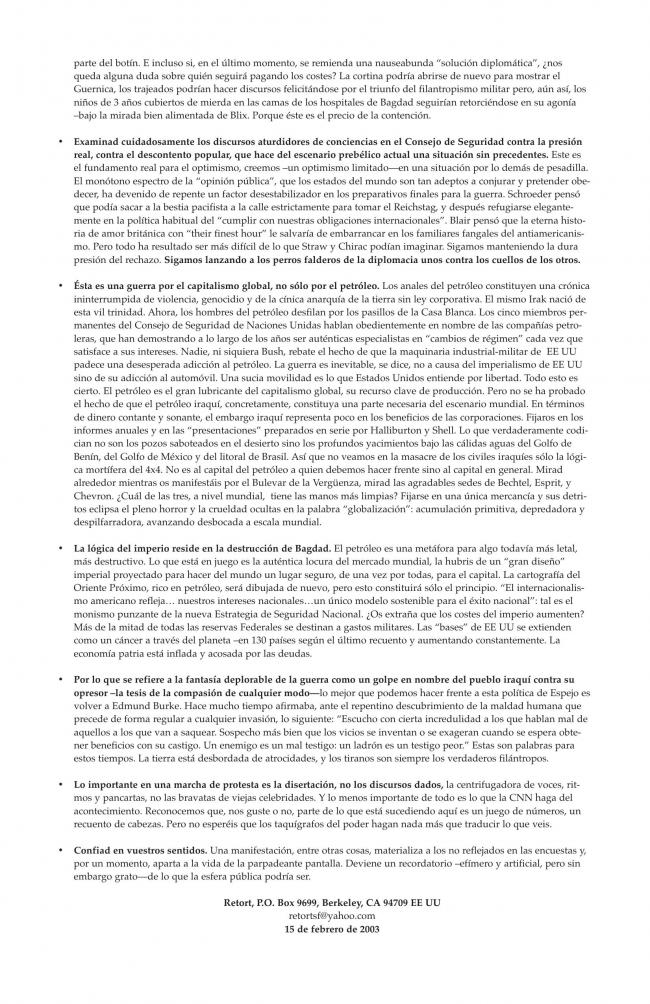 Folleto de RETORT, <em>Neither Their War Nor Their Peace</em> [Ni su guerra ni su paz], 15 de febrero, 2003