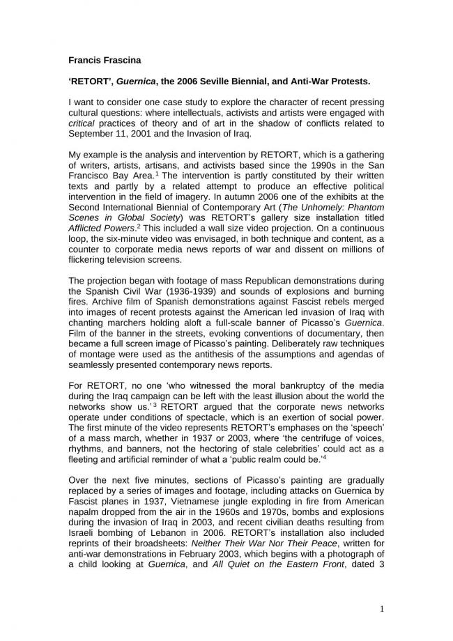 Essay by Francis Frascina, <em>Retort, Guernica, the 2006 Biennial of Seville, and Anti-War Protests</em>, July 2018