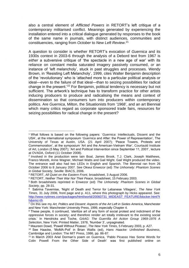 Essay by Francis Frascina, <em>Retort, Guernica, the 2006 Biennial of Seville, and Anti-War Protests</em>, July 2018