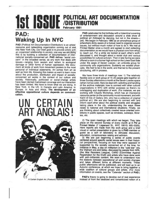 PAD/D, <em>1st Issue</em>, Nueva York, Political Art Documentation and Distribution (PAD/D), febrero, 1981