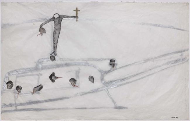 Nancy Spero, "Helicopter, Pilot, Victim, Christ", from <em>The War Series</em>, 1968