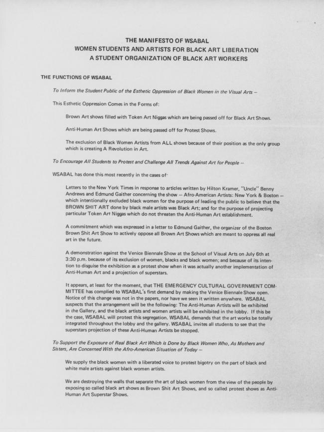 Michele Wallace, <em>The Manifesto of WSABAL, Women Students and Artists for Black Art Liberation</em>, Nueva York, WSABAL, junio, 1970 