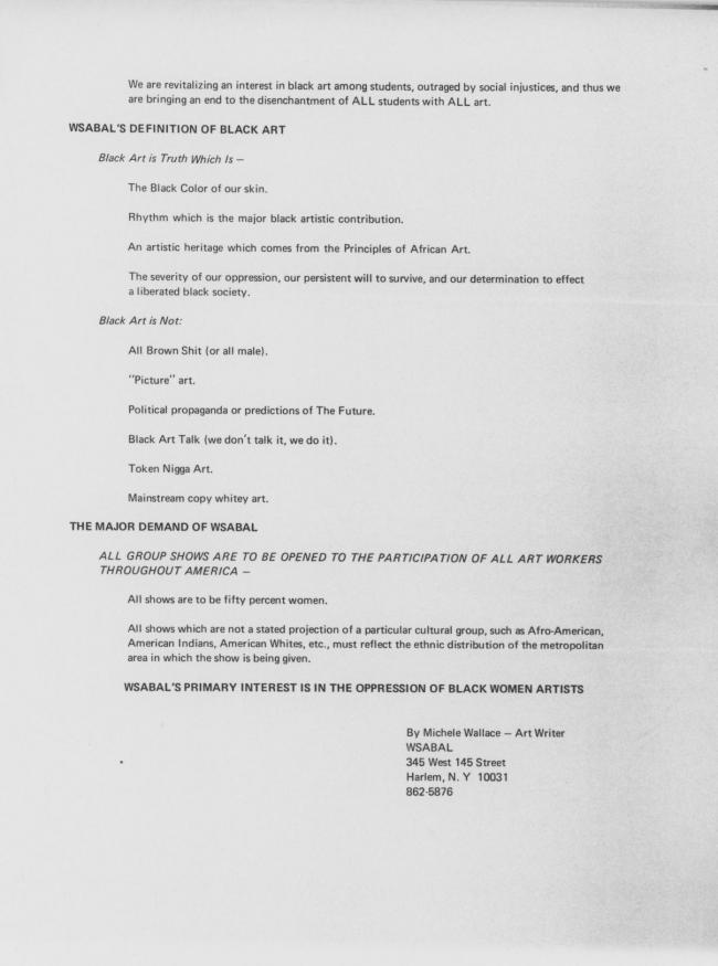 Michele Wallace, <em>The Manifesto of WSABAL, Women Students and Artists for Black Art Liberation</em>, Nueva York, WSABAL, junio, 1970 