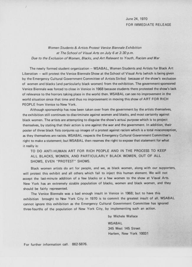 Michele Wallace, <em>Women Students & Artists Protest Venice Biennale Exhibition...</em>, Nueva York: WSABAL, June 24, 1970