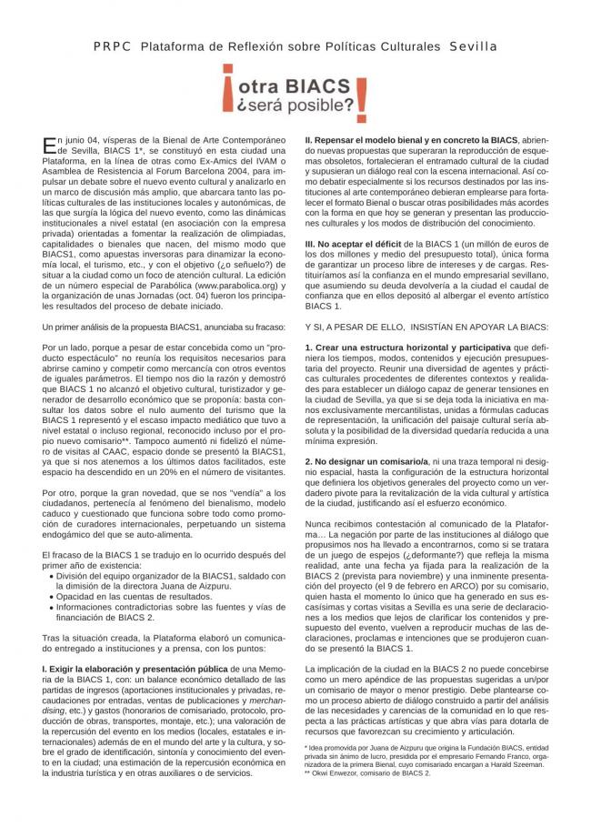 Comunicado de la Plataforma de Reflexión sobre Políticas Culturales, <em>¡otra BIACS ¿será posible?!</em>, Sevilla, 1 de febrero, 2006