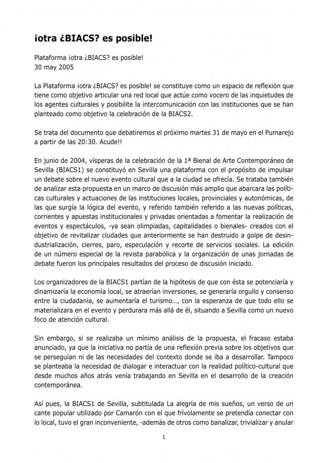 Comunicado de la Plataforma de Reflexión sobre Políticas Culturales, <em>¡Otra ¿BIACS? es posible!</em>, Sevilla, 30 de mayo, 2005