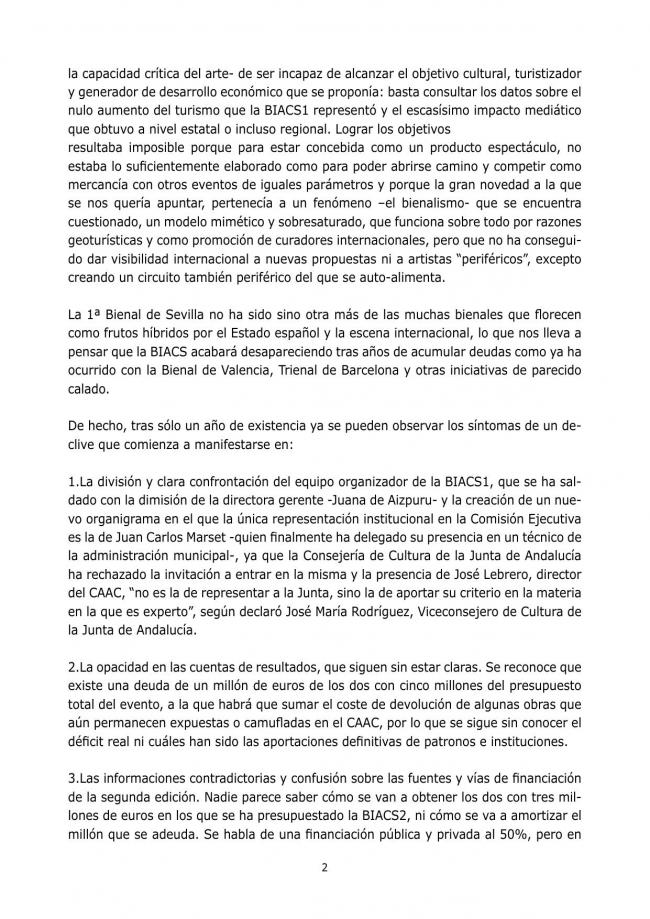Comunicado de la Plataforma de Reflexión sobre Políticas Culturales, <em>¡Otra ¿BIACS? es posible!</em>, Sevilla, 30 de mayo, 2005