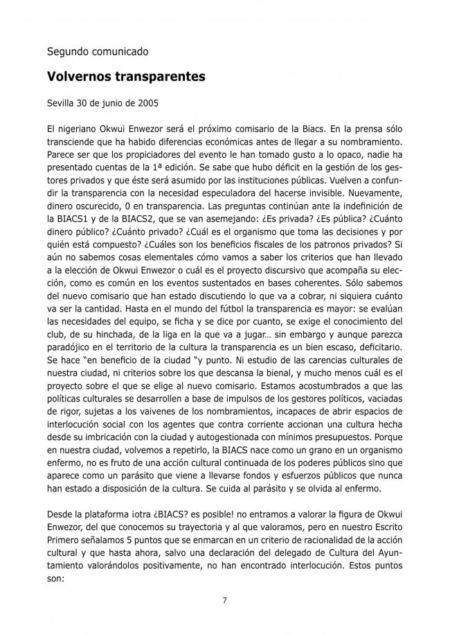 Segundo comunicado de la Plataforma de Reflexión sobre Políticas Culturales, <em>Volvernos transparentes</em>, 30 de junio, 2005