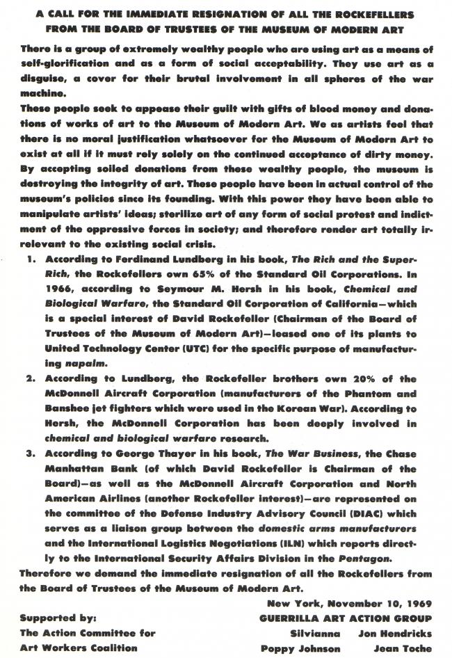 Art Workers' Coalition y GAAG, Llamamiento para la dimisión inmediata de todos los Rockefeller del patronato del Museum of Modern Art, Nueva York, 10 de noviembre, 1967