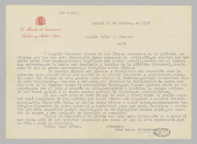 Josep Renau's letter to Pablo Picasso