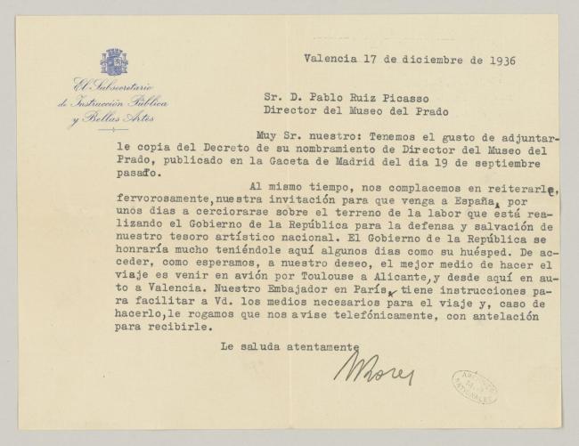 Carta de Antonio Rodríguez Morey, Manuel Azaña y Jesús Hernández Tomás a Pablo Picasso
