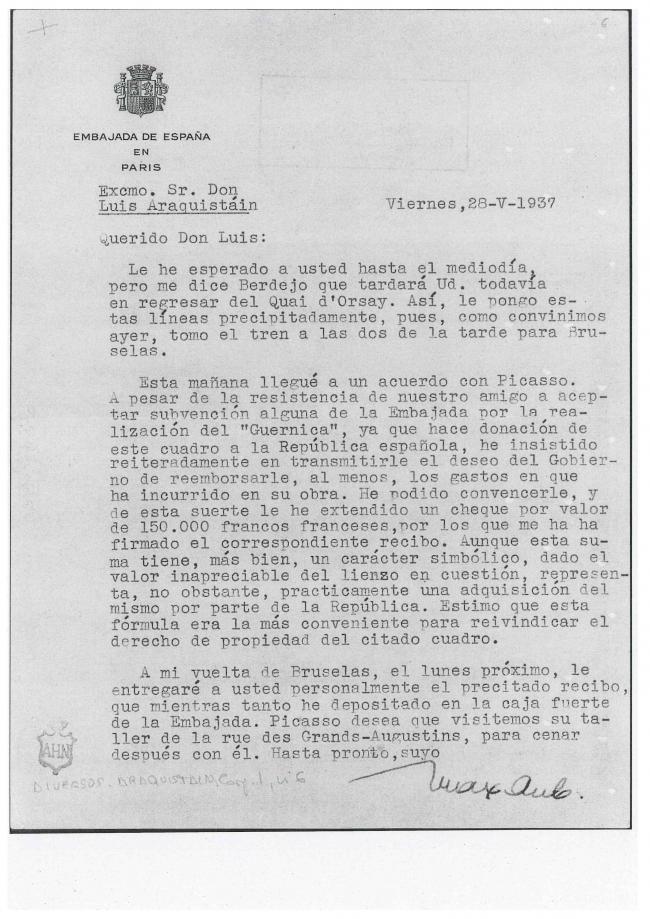 Carta de Max Aub a Luis Araquistáin