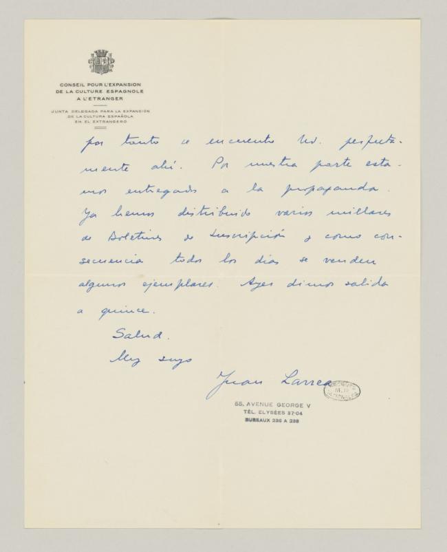 Carta de Juan Larrea a Pablo Picasso del 6 de agosto de 1937