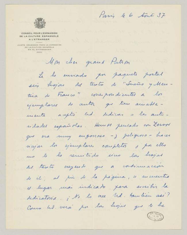 Carta de Juan Larrea a Pablo Picasso del 6 de agosto de 1937