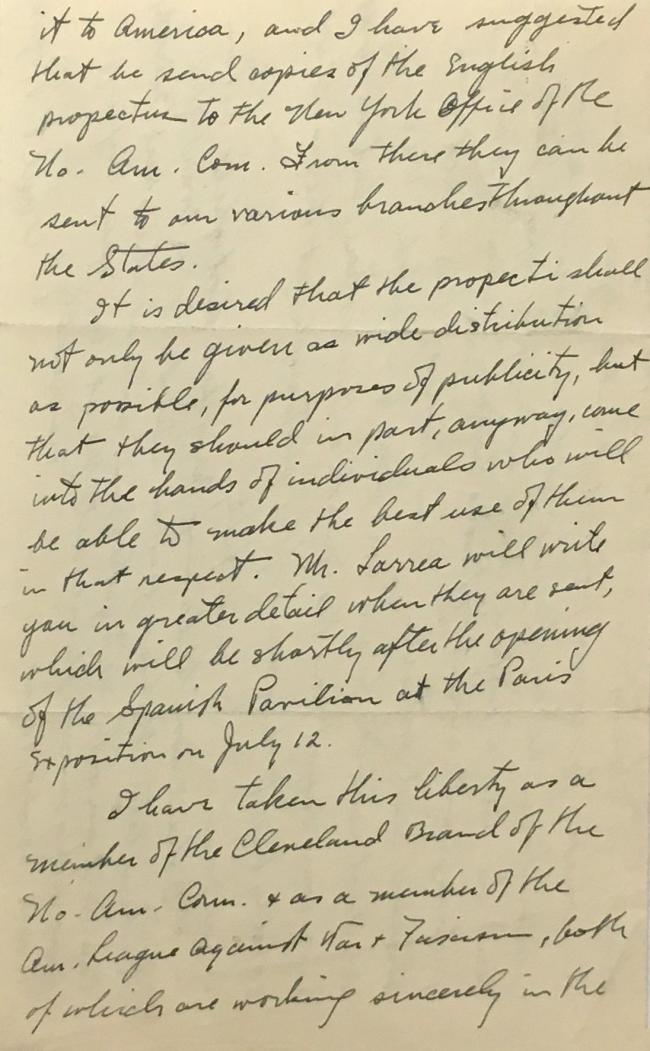 Carta de Paul P. Rogers al North American Committee to Aid Spanish Democracy
