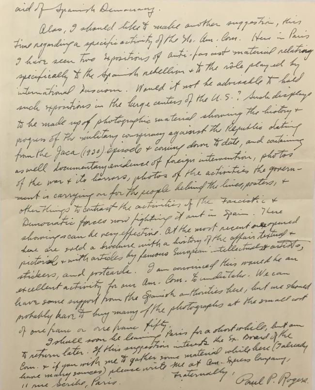 Carta de Paul P. Rogers al North American Committee to Aid Spanish Democracy