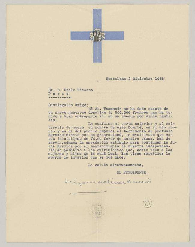 Carta del Comité Nacional de Ayuda a España a Pablo Picasso
