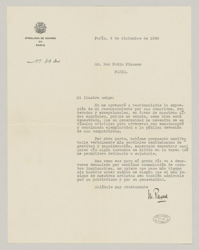 Marcelino Pascua's letter to Pablo Picasso
