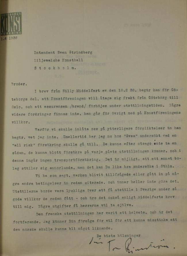 Correspondencia entre Liljevalchs Konsthall de Estocolmo y otras instituciones