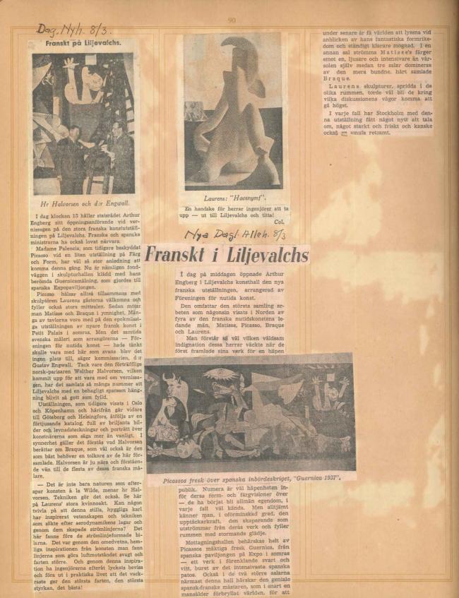 Recortes de prensa de la exposición  Henri Matisse, Picasso, G. Braque, Laurens en el Liljevalchs Konsthall