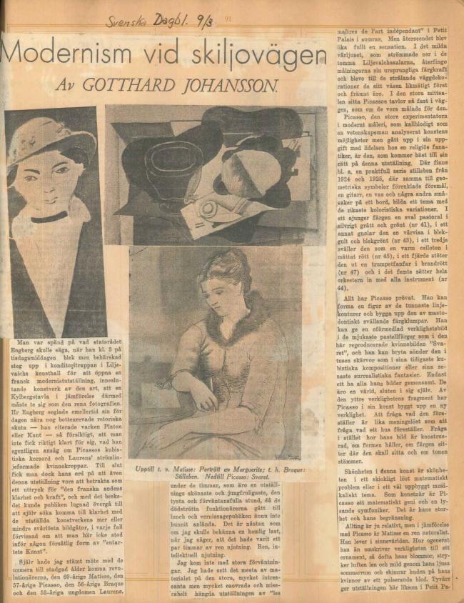 Recortes de prensa de la exposición  Henri Matisse, Picasso, G. Braque, Laurens en el Liljevalchs Konsthall