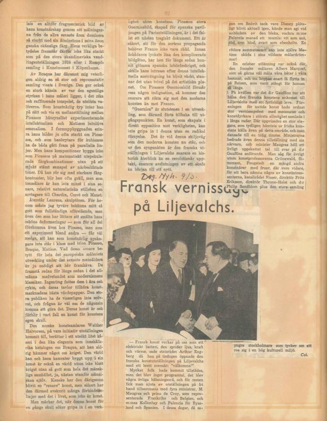 Recortes de prensa de la exposición  Henri Matisse, Picasso, G. Braque, Laurens en el Liljevalchs Konsthall